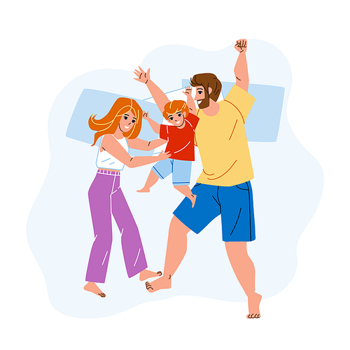 Family Enjoy Fun Time In Bedroom Together Vector. Father, Mother And Son Laying On Bed And Relaxing Togetherness In Bedroom. Happy Characters Recreation At Home Flat Cartoon Illustration