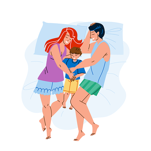 Family Sleeping Together In Home Bedroom Vector. Husband, Wife And Son Kid Wearing Pajama And Sleep In Apartment Bedroom. Happiness Characters Recreation Bedtime Flat Cartoon Illustration