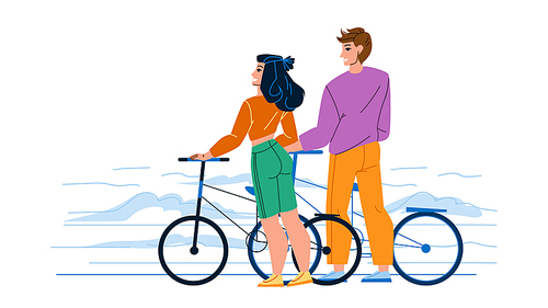 Bike Coast Having Man And Woman Together Vector. Young Boy And Girl Enjoying Bike Coast Sportive Activity And Countryside Adventure. Characters Riding Bike Flat Cartoon Illustration
