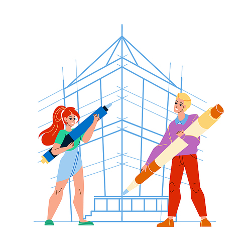 Building Design Man And Woman Architects Vector. Young Boy And Girl Designers Building Design Together. Characters Drawing On Paper Board Construction With Pencil Flat Cartoon Illustration