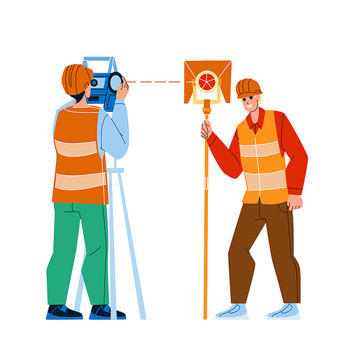Civil Engineer With Surveying Equipment Vector. Civil Engineer Men In Uniform Working With Theodolite Measuring Tool Together. Characters With Surveyor Telescope Flat Cartoon Illustration