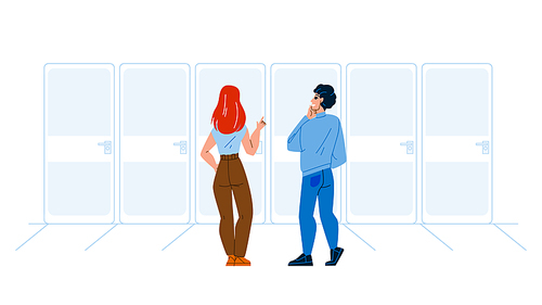 Door Decision Young Man And Woman Couple Vector. Boy And Girl Choosing Door Togetherness. Characters Think And Choose Direction Or Problem Solution Together Flat Cartoon Illustration