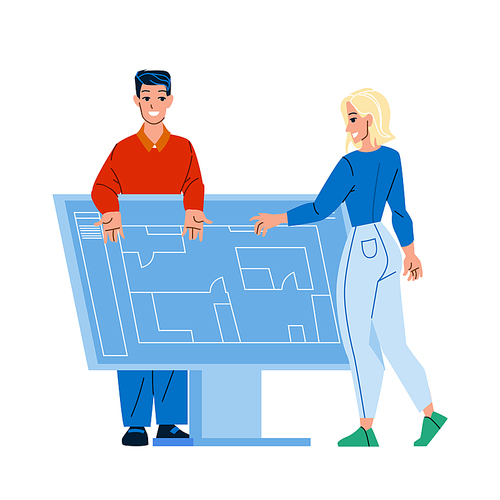 Draft Project Young Man And Woman Designers Vector. Boy And Woman Businesspeople Draft Project And Drawing Apartment Plan On Blueprint. Characters Occupation Flat Cartoon Illustration