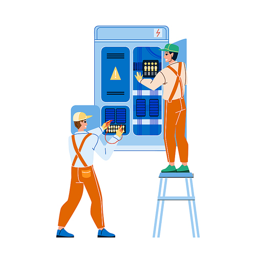 Electrical Engineering Cabinet Workers Vector. Men Engineers Research And Electrical Engineering Together, Checking Voltage And Electric Cables. Characters Maintenance Flat Cartoon Illustration