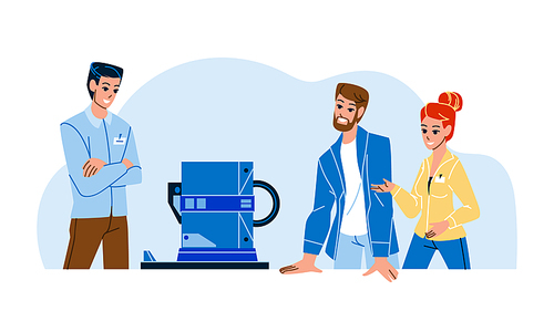Engineers Working And Create Equipment Vector. Men And Woman Engineers Working Together And Discussing About Development Modern Device. Characters Occupation Flat Cartoon Illustration