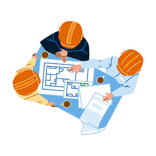 Engineers Researching Construction Plan Vector. Men Engineers Research Building Blueprint And Drinking Coffee Together. Characters Engineering Work And Process Flat Cartoon Illustration