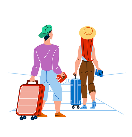 Travelers Drag Luggage On Airport Escalator Vector. Young Man And Woman Walking And Dragging Baggage On Airport Escalator Together. Characters Tourism And Vacation Flat Cartoon Illustration