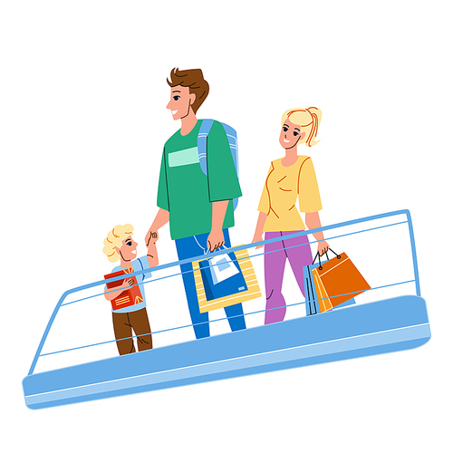 Family Riding On Mall Escalator Together Vector. Father, Mother And Son On Mall Escalator, Recreational Time In Shopping Center. Characters Man, Woman And Kid Make Purchases Flat Cartoon Illustration