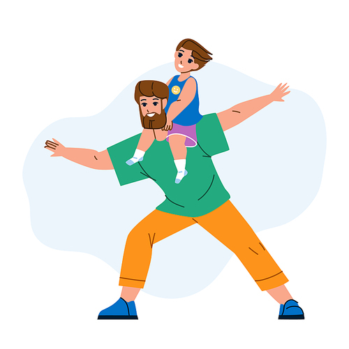 Father And Son Funny Playful Time Together Vector. Father And Son Playing In Park Togetherness, Boy Kid Sitting On Man Shoulders. Characters Family Fun Activity Flat Cartoon Illustration