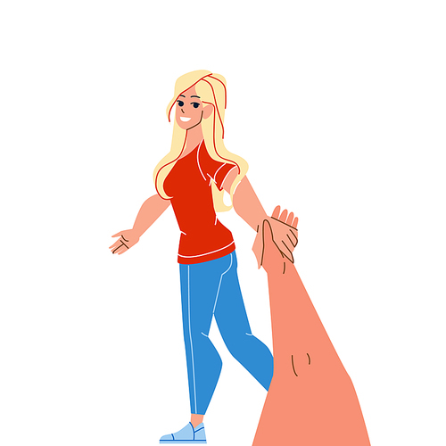 Follow Me Girlfriend Talking Boyfriend Vector. Young Girl Tourist Holding Boy Hand And Leading To Magnificent Famous Place. Characters Couple Relationship And Partnership Flat Cartoon Illustration