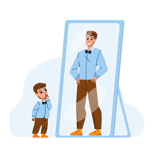 Kid Boy Dreaming For Be Adult Man In Mirror Vector. Child Looking At Mirror Reflection And Imagining For Be Businessman In Future. Character Preschooler Dream Flat Cartoon Illustration