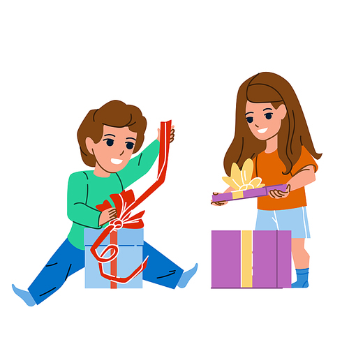 Boy And Girl Children Opening Gift Boxes Vector. Schoolgirl And Schoolboy Kids Open Gift Cardboards On New Year Or Birthday Party. Characters Schoolchildren With Present Flat Cartoon Illustration