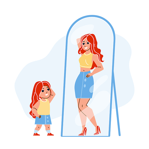 Kid Girl Dreaming Be Adult Woman In Mirror Vector. Child Looking At Mirror Reflection And Imagining For Be Beautiful Girl In Future. Character Preschooler Wishing Flat Cartoon Illustration
