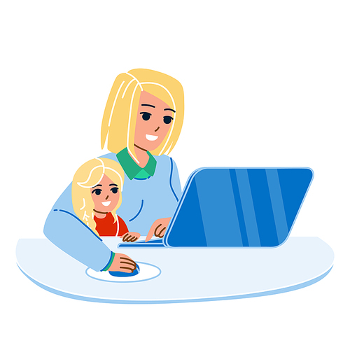 Kid Girl And Mother Using Laptop Together Vector. Woman With Daughter Reading Electronic Book Or Watching Online Movie On Laptop. Characters Family Enjoying Flat Cartoon Illustration