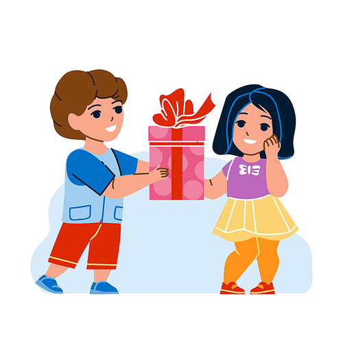 Boy Give Gift To Girl Friend On Birthday Vector. Schoolboy Giving Schoolgirl Gift Box On Christmas Party Event Or Valentine Day. Characters Schoolchildren With Present Flat Cartoon Illustration