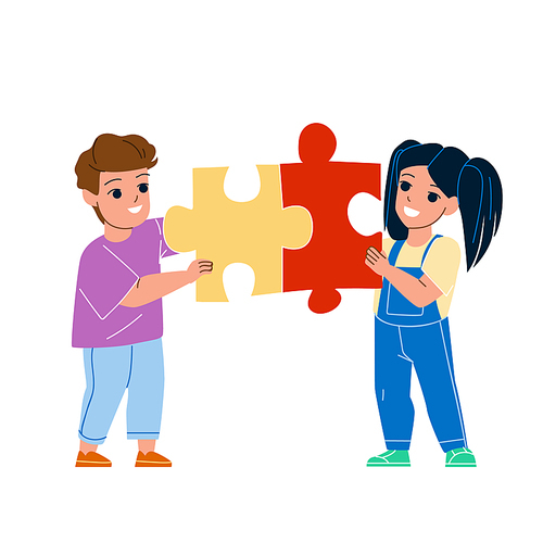 Boy And Girl Kids Playing Puzzle Together Vector. Schoolboy And Schoolgirl Children Play Puzzle Educational Game Togetherness. Characters Funny Leisure Time Flat Cartoon Illustration