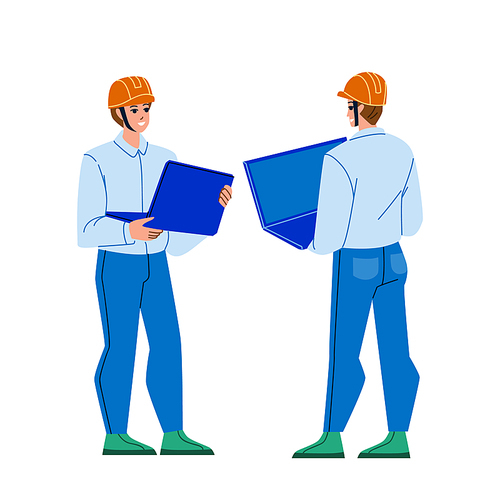 Maintenance Engineer Talk With Colleague Vector. Maintenance Engineer Holding Laptop And Checking With Employee Construction. Characters Workers Men Engineering Flat Cartoon Illustration