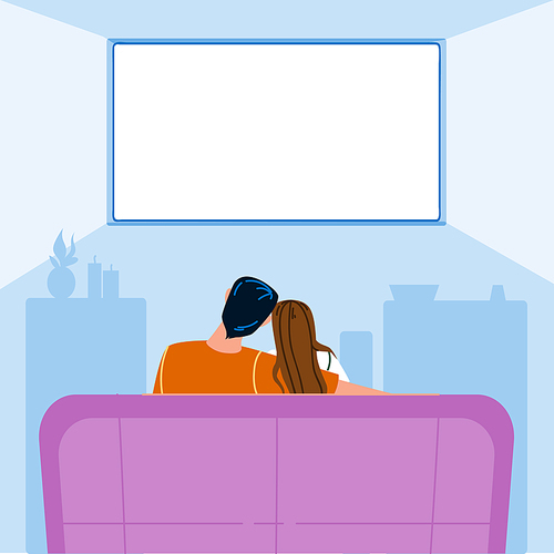 Night Tv Watching Man And Woman Couple Vector. Blank Night Tv Enjoy And Watch Boyfriend And Girlfriend Together In Apartment Living Room. Characters Resting On Sofa Flat Cartoon Illustration