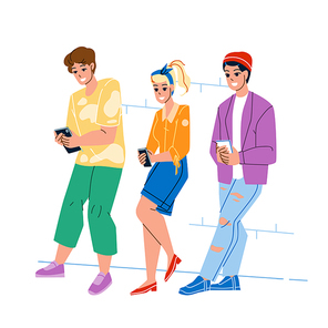 Phone Influence Teenagers Boys And Girl Vector. Young Students Phone Influence And Using Smartphone Application For Browsing In Social Media. Characters Technology Addiction Flat Cartoon Illustration