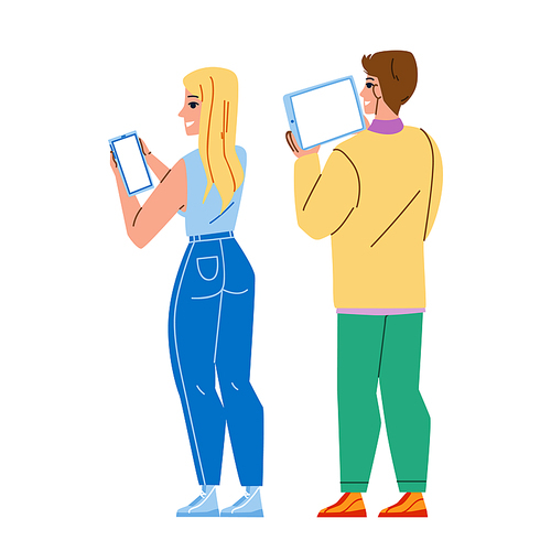 In Phone And Tablet Looking Boy And Girl Vector. Young Man And Woman Look On Smartphone And Tablet Screen, Using Digital Device Together. Characters Use Gadget Flat Cartoon Illustration