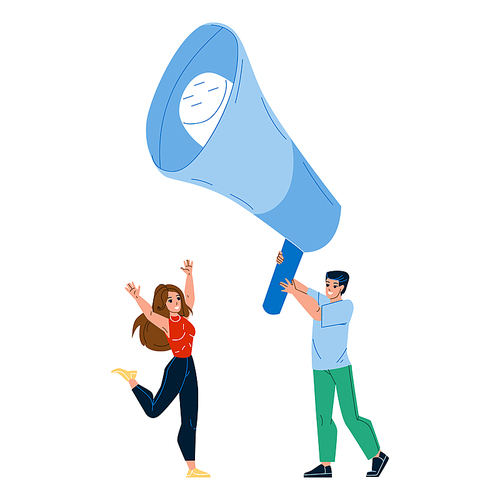 Public Alert Man And Woman At Loudspeaker Vector. Young Boy And Girl Managers Public Alert Or Social Media Advertising In Megaphone Together. Characters Promotion Flat Cartoon Illustration