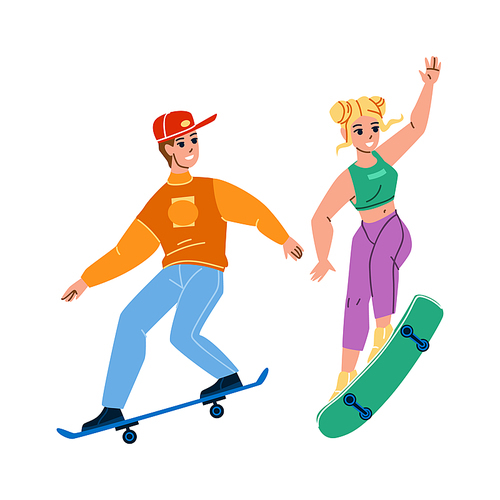 Skateboard Riding Boy And Girl Together Vector. Teenagers Ride Skateboard In Extreme Park, Skateboarders Enjoying Extremal Sport And Jumping Tricks. Characters Skateboarding Flat Cartoon Illustration