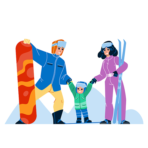 Snow Resort Enjoying And Skiing Family Vector. Father, Mother And Son Child With Snowboard And Ski Resting At Snow Resort. Characters Sport Activity On Snowy Mountain Flat Cartoon Illustration