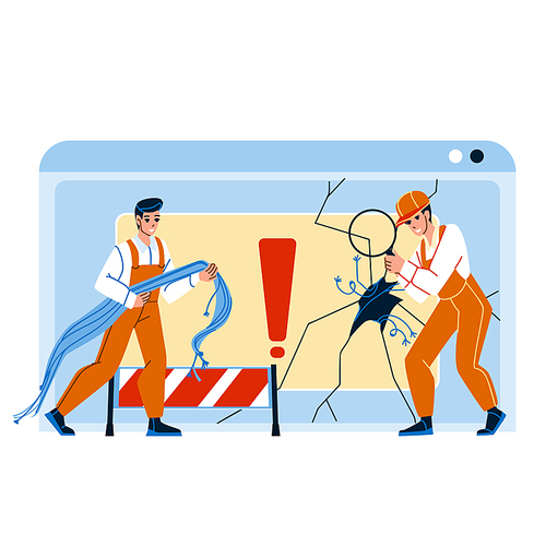 Website Repair Technician Support Workers Vector. Developers Man Website Repair Together, Programmers Fixing Web Page Together. Characters Internet Site Maintenance Flat Cartoon Illustration