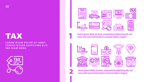 Tax Financial Payment For Income Landing Web Page Header Banner Template Vector. Cryptocurrency And Real Estate House Tax, Gift And Every Dollar, Infographic Online Pay, Jewelry And Car Illustration