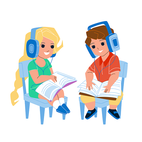 Audio Lesson Listening Children Together Vector. Preteen Boy And Girl Kids Listen Audio Lesson In Earphones And Reading Educational Book. Characters Schoolboy And Schoolgirl Flat Cartoon Illustration