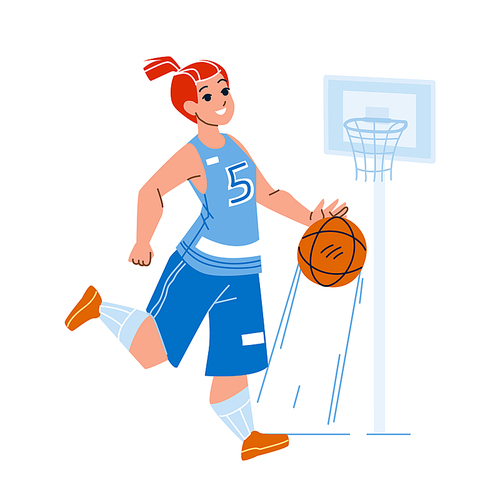 Basketball Player Playing Game With Ball Vector. Young Girl Basketball Player Wearing Team Uniform Play With Sportive Accessory On Playground. Character Sportswoman Flat Cartoon Illustration