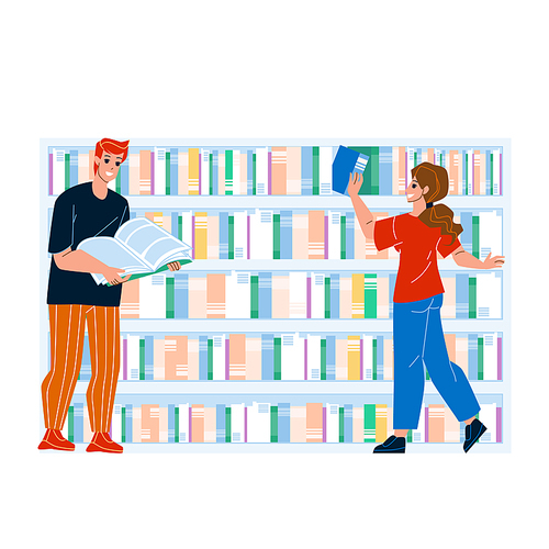 Books Rack Library Furniture With Shelves Vector. Man And Woman Choosing Educational Or Story Literature On Books Rack. Characters Searching Information On Bookcase Flat Cartoon Illustration