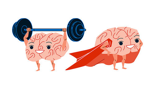 Brain Training With Barbell And Superhero Vector. Brain Training With Sport Gym Accessory And Wearing Super Hero Cape Clothing Accessory. Characters Anatomy Organ Strong Flat Cartoon Illustration