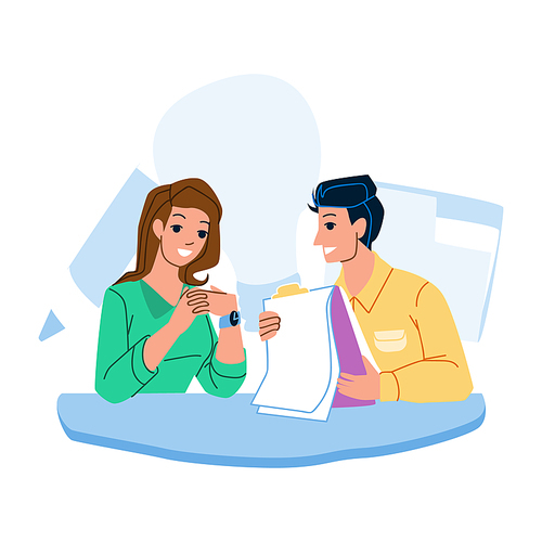 Business Chat Communication Man And Woman Vector. Young Businessman And Businesswoman Business Chat On Meeting Or Conference. Characters Speaking Together Flat Cartoon Illustration