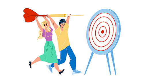 Business Target Achievement Businesspeople Vector. Young Man And Woman Aiming With Dart Arrow, Business Target And Goal. Characters Targeting Togetherness Flat Cartoon Illustration