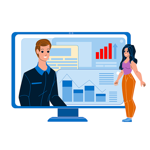 web presentation man woman design. report banner. online website office. slide character web flat cartoon illustration