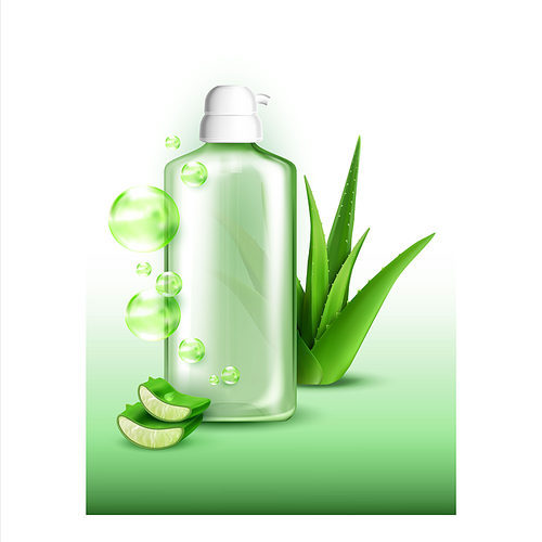 Gel Bottle With Aloe Vera Extract Poster Vector. Facial Cleanser Blank Bottle With Gel For Sensitive Skin, Healthcare Plant And Bubbles On Advertising Banner. Template Realistic 3d Illustration