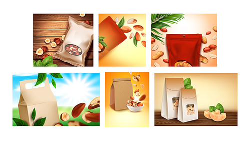 Nuts Assortment Creative Promo Posters Set Vector. Cashew And Almonds, Peanuts And Hazelnuts Nuts Blank Packages And Natural Leaves On Advertising Banners. Style Concept Template Illustrations