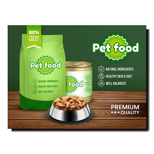 Animal Pet Food Creative Promotional Banner Vector. Domestic Pet Food In Stainless Dishware, Metallic Blank Container And Bag On Advertising Poster. Nourishment Style Concept Template Illustration