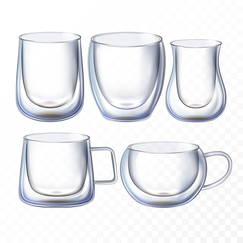 double glass cup set. drink object. empty coffee double glass mug. transparent beverage tumbler. cappuccino cup, espresso mug. 3d realistic vector