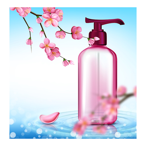 Lotion Sakura Extracts Promotion Poster Vector. Lotion Blank Bottle With Pump, Tree Branch And Flowers Petals On Advertising Banner. Skincare Cosmetic Style Concept Template Illustration