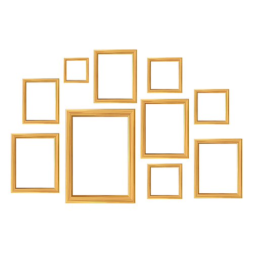 Wooden Frames For Pictures Collage Set Vector. Blank Wooden Frames For Paint Images Hanging In Museum. Creative Art Exhibition Canvas Sheets Borders Template Realistic 3d Illustration