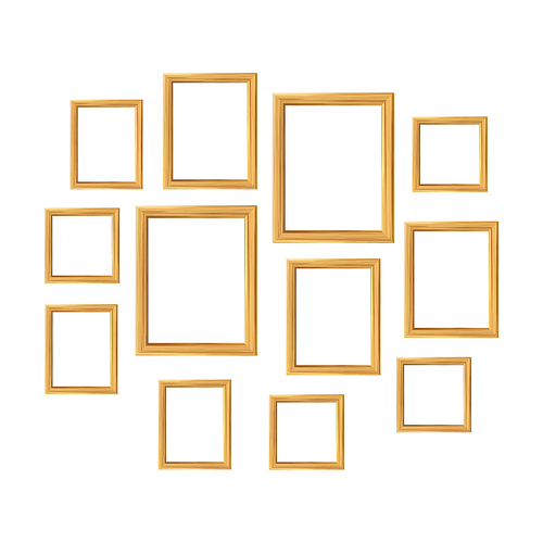 Wooden Frames For Family Photo Collage Set Vector. Blank Wooden Frames For Photographies Or Pictures Hanging On Wall. Design Hand Made Decorations For Home Interior. Template Realistic 3d Illustration
