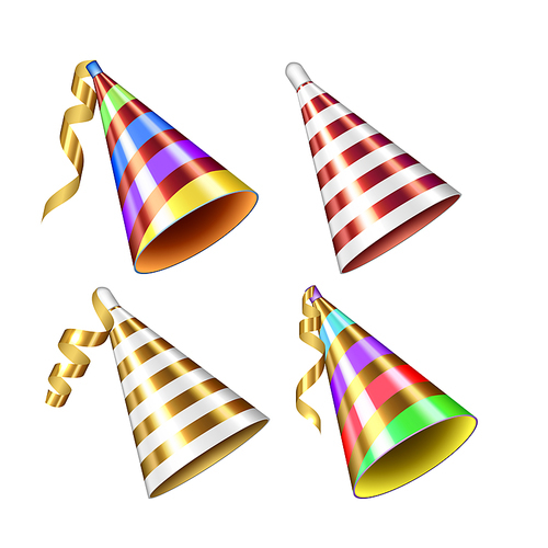 Birthday Hat Holiday Festive Decoration Set Vector. Multicolored Birthday Hat Decorated Foil Ribbon For Celebrate Anniversary Party. Festival Accessories Template Realistic 3d Illustrations