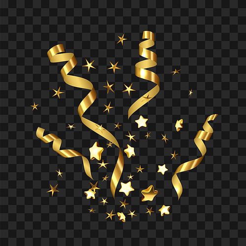 Confetti Explosion For Celebrate Fun Event Vector. Festival Surprise Party Confetti Explosion Ornament, Golden Foil In Star Form And Swirl Ribbon Exploding. Template Realistic 3d Illustration