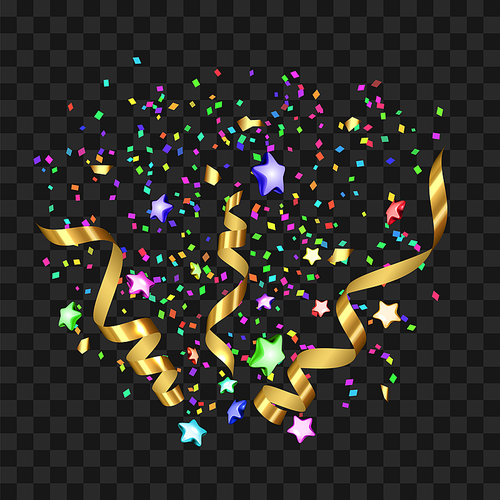 Confetti Explosion For Celebrate Holiday Vector. Surprise Party Confetti Explosion Decoration, Multicolored Foil In Star Shape And Golden Ribbon Exploding. Template Realistic 3d Illustration