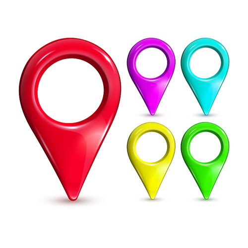 Gps Pointer Multicolored Place Location Set Vector. Multicolor Gps Pointer Pin Symbols For Marking Address Position On Digital Map. Navigation Guide Signs Template Realistic 3d Illustrations