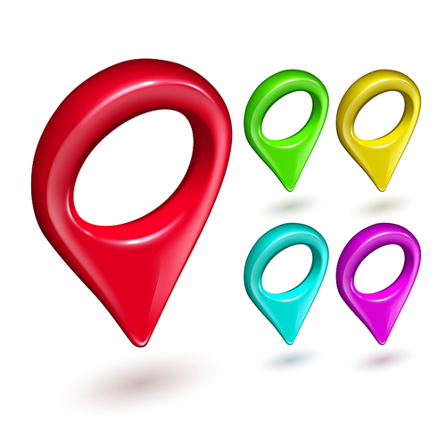 Gps Pointer Multicolor Navigate Locate Set Vector. Multicolored Gps Pointer Digital Map Pin, Mobile Phone Application Or Navigation Electronic Device Mark. Template Realistic 3d Illustrations