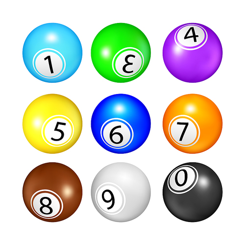 Lottery Balls Gambling Game Accessories Set Vector. Multicolored Lottery Balls With Numbers For Play Gamble Lotto, Winning Money And Leisure Time. Template Realistic 3d Illustrations