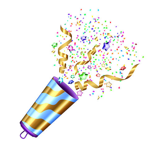 Party Popper For Celebrate Anniversary Vector. Surprise Party Popper Accessory Exploding Multicolor Confetti And Golden Ribbon For Celebrating Birthday. Explode Template Realistic 3d Illustration